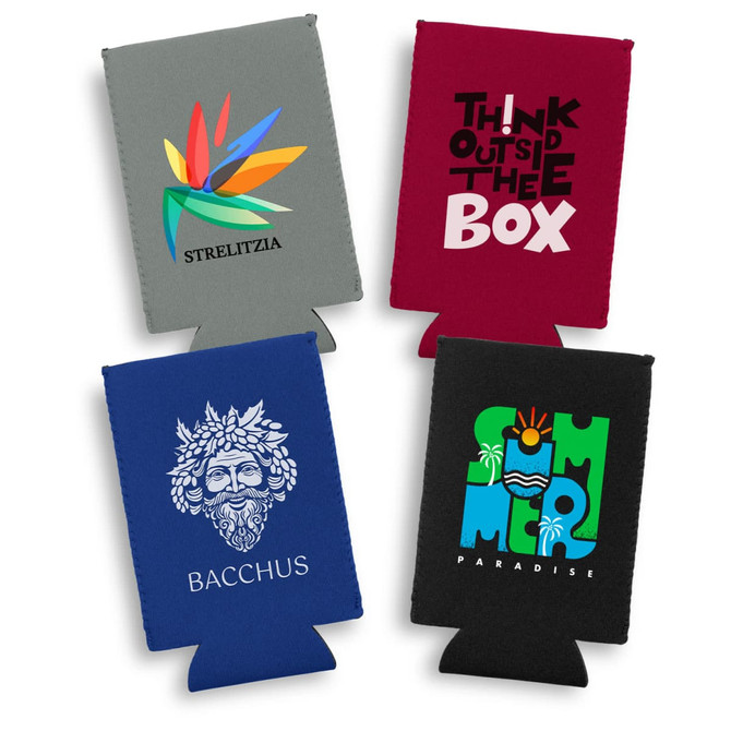 A selection of four stubby holders in various colours, each featuring different designs and a small logo.