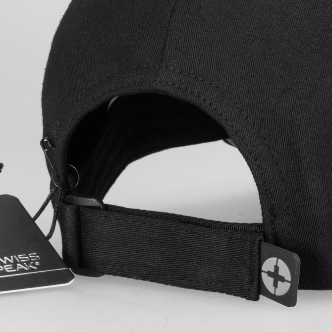 A black Swiss Peak 5 Panel Cap featuring a logo and an adjustable strap on the back.