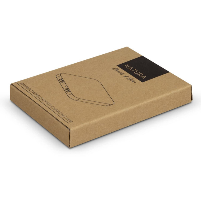 A bamboo wireless fast charging hub in a brown cardboard packaging, featuring a logo on the top.