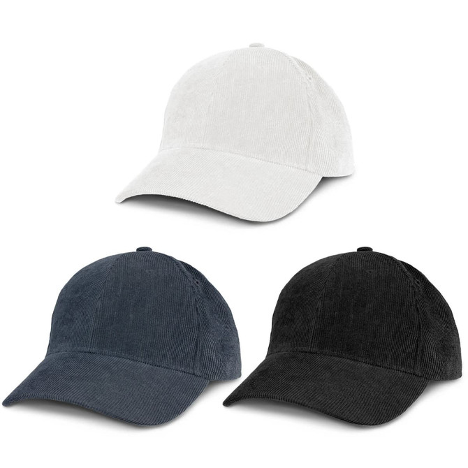 A corduroy cap available in white, navy, and black, featuring a curved brim and an adjustable strap at the back.