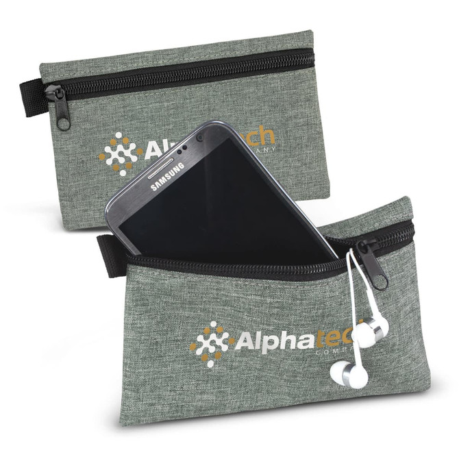 A grey tech pouch with a zipper, holding a smartphone and earphones, featuring a logo on the front.