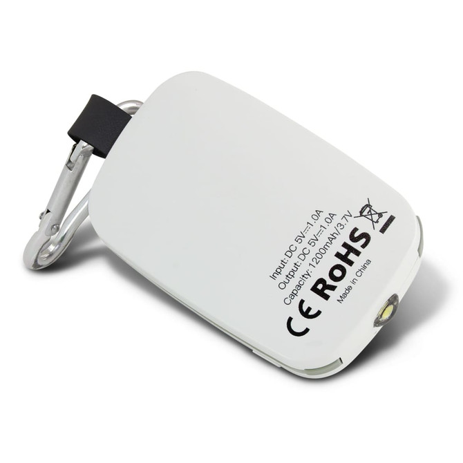 A white power bank with a carabiner clip and a small LED light. Features a logo on the back.