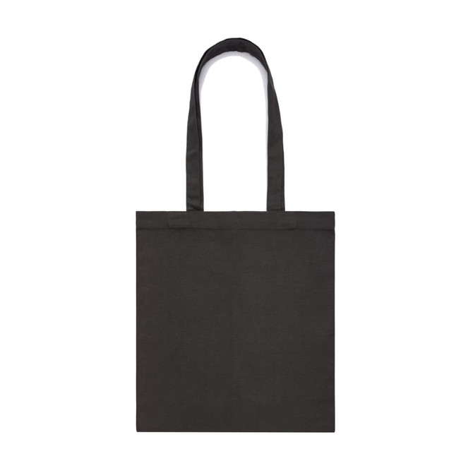 A dark grey tote bag with two handles and a simple design. The bag features a logo.