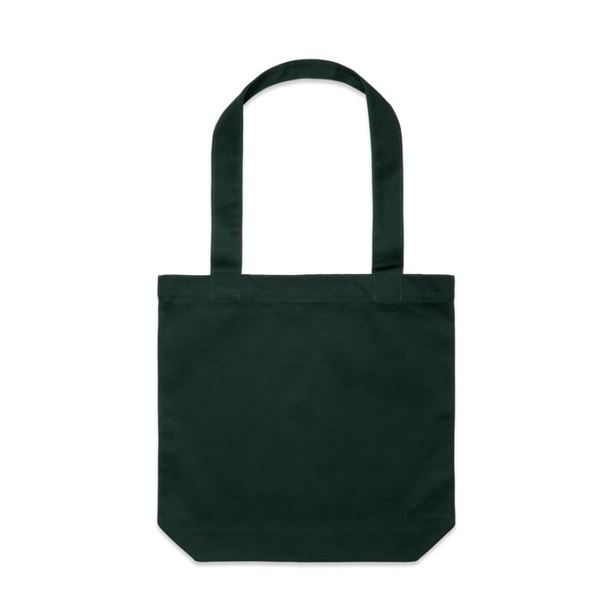A dark green tote bag with two handles and a simple design. The bag features a logo.