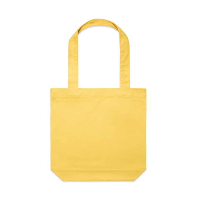 A yellow tote bag with two handles and a plain design. It has a logo on one side.