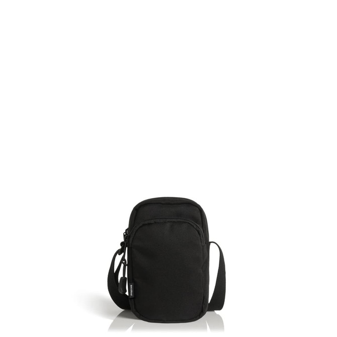 A black recycled camera bag featuring a zippered front pocket and an adjustable strap. It has a brand logo on it.