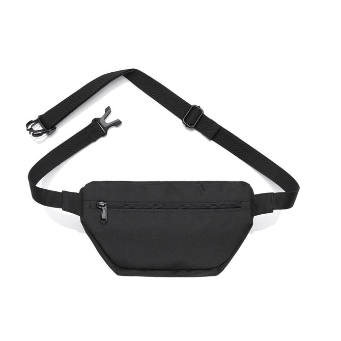 A black waist bag with an adjustable strap and a zippered front pocket. It features a logo on the material.
