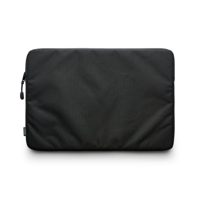 A black recycled laptop sleeve with a smooth texture and a zip closure, featuring a branding logo.