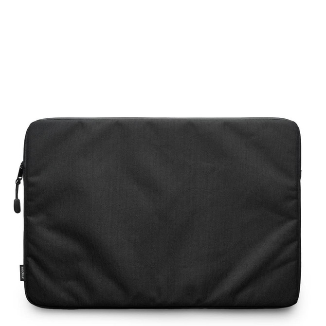 A black recycled laptop sleeve with a zip closure and a subtle texture. Features a logo on the side.