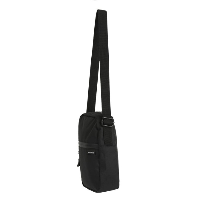 A black recycled transit bag with a long adjustable strap and a front zip pocket, featuring a logo.