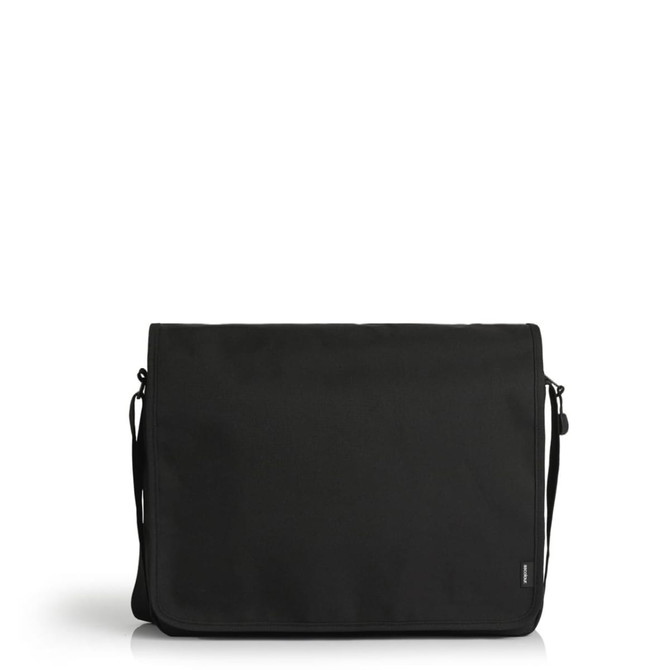 A black recycled messenger bag with a flap closure and an adjustable shoulder strap, featuring a logo.