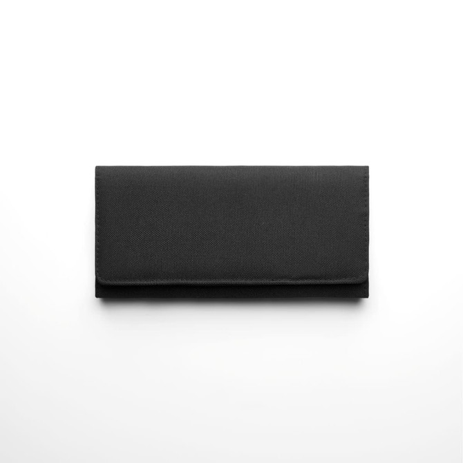 A black recycled long wallet with a simple design, featuring a logo on the surface.