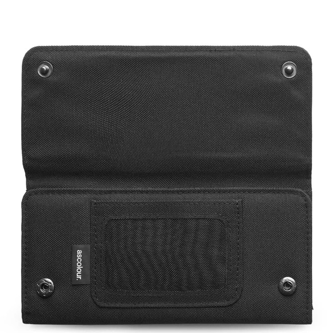 A black recycled long wallet with snap closures and a clear ID window, featuring a logo.