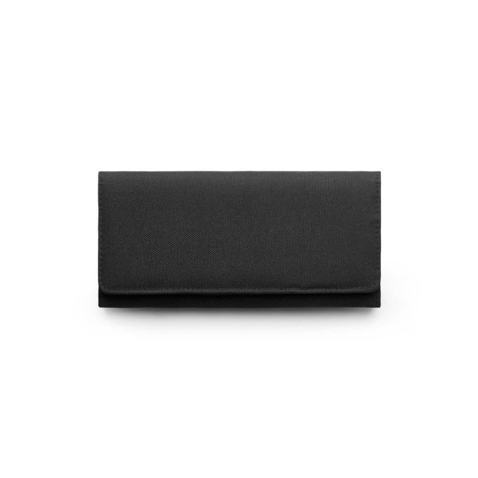 A black recycled long wallet with a sleek, fold-over design and a logo.