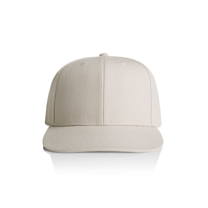 A beige cap with a flat brim and a logo on the front, displayed against a white background.