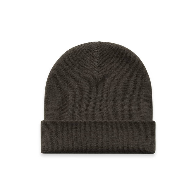 A dark brown cuff beanie with a ribbed texture and a folded brim. It features a logo.