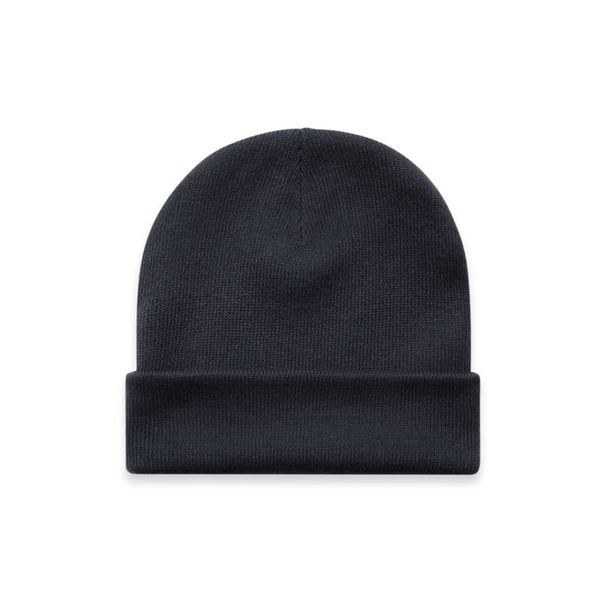 A dark navy cuff beanie featuring a simple, knitted design and a fold-over cuff. It includes a branding logo.