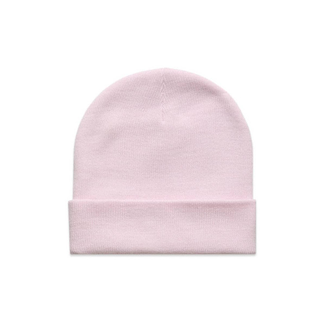 A light pink cuff beanie with a folded brim and a subtle logo.