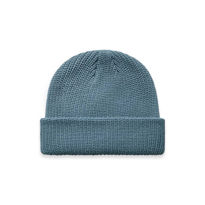 A blue beanie with a textured knit design and a folded brim. It features a logo on the side.