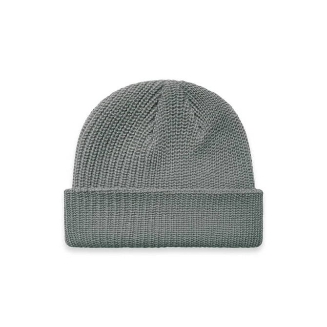 A grey beanie with a textured knit design and a folded cuff, featuring a logo.