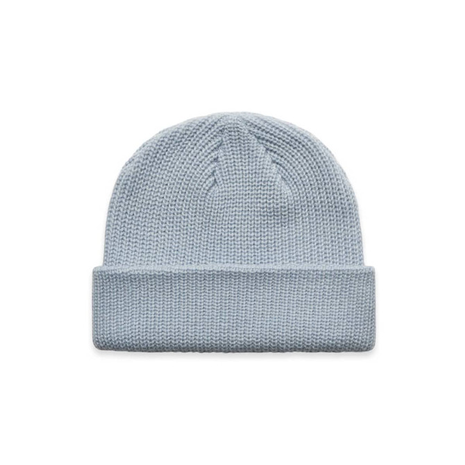 A light blue beanie with a foldable cuff and a textured knit design. Includes a logo.