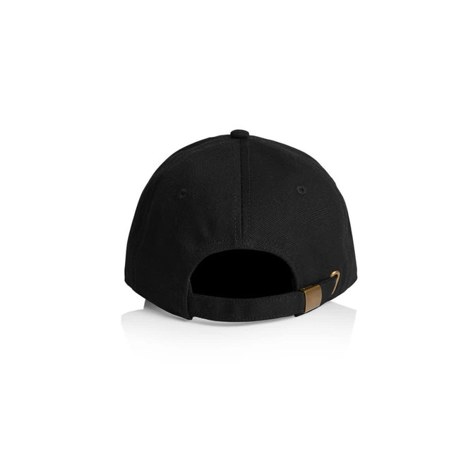 A black cap featuring a metal buckle and an adjustable strap at the back. It has a logo on the side.