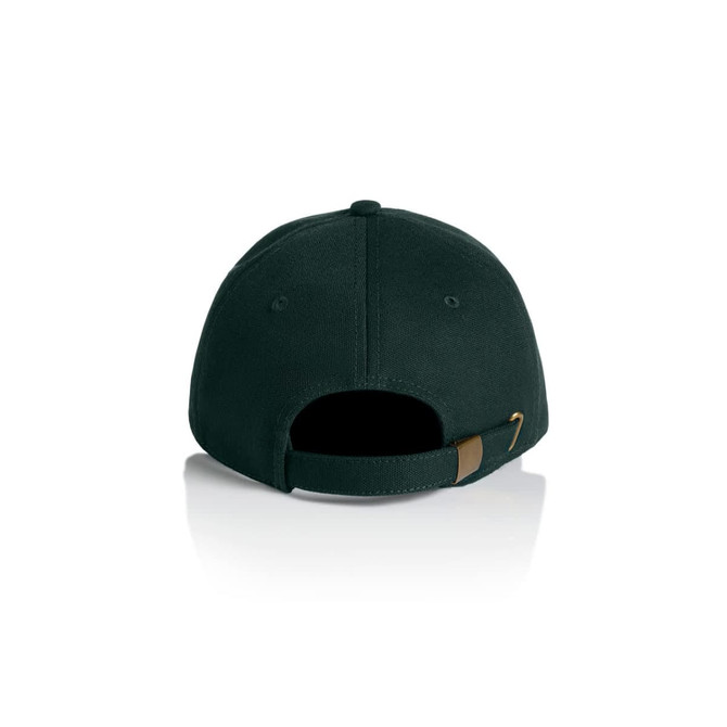 A dark green cap featuring a rear strap and a logo, designed for casual headwear.