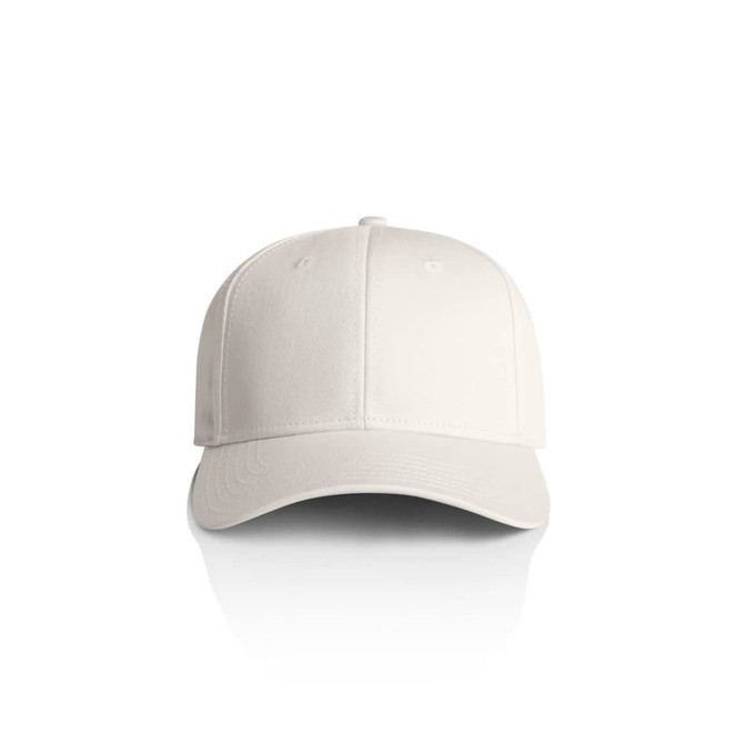 A white cap featuring a structured design and a logo on the front. Ideal for casual headwear.