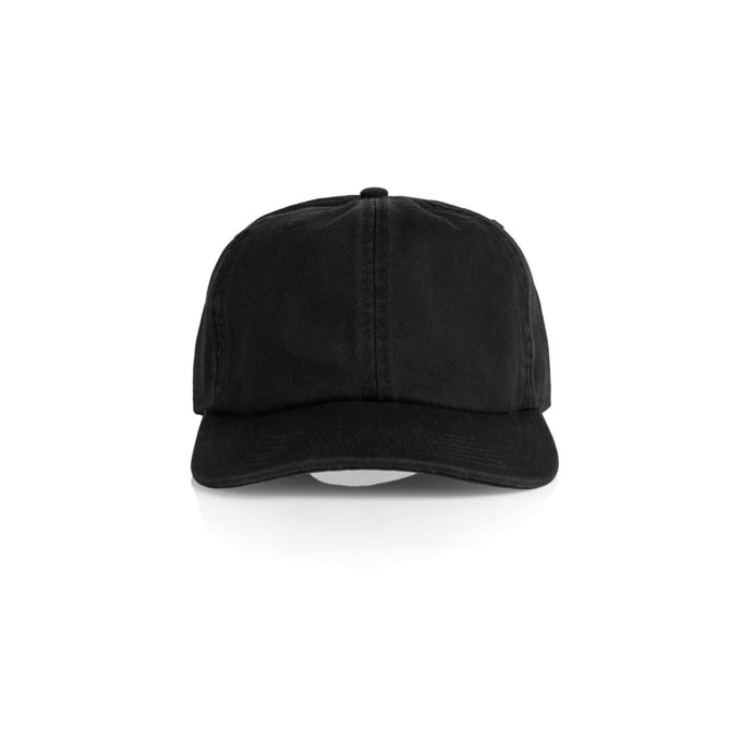 A black cap with a curved brim and adjustable back. It features a logo on the front.