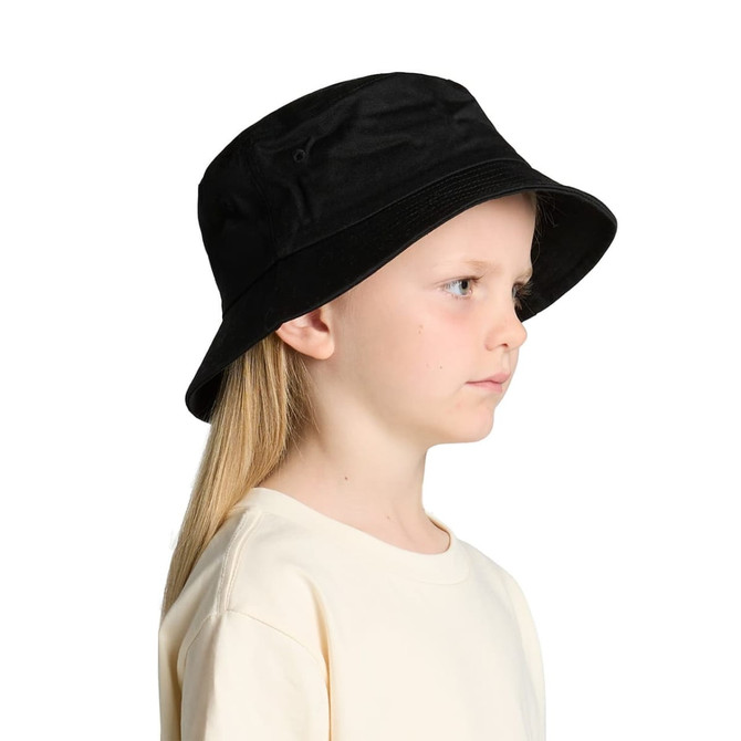 A black kids bucket hat displayed on a child's head from the side, featuring a simple design and logo.