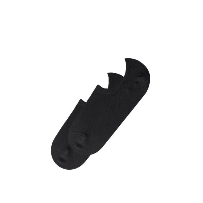 Two pairs of black invisible socks with a low-cut design and curved heel.