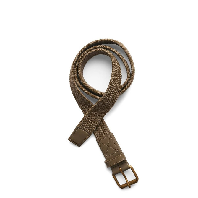 A woven mesh belt in a tan colour with a brown buckle and leather accents. It features a logo on the buckle.