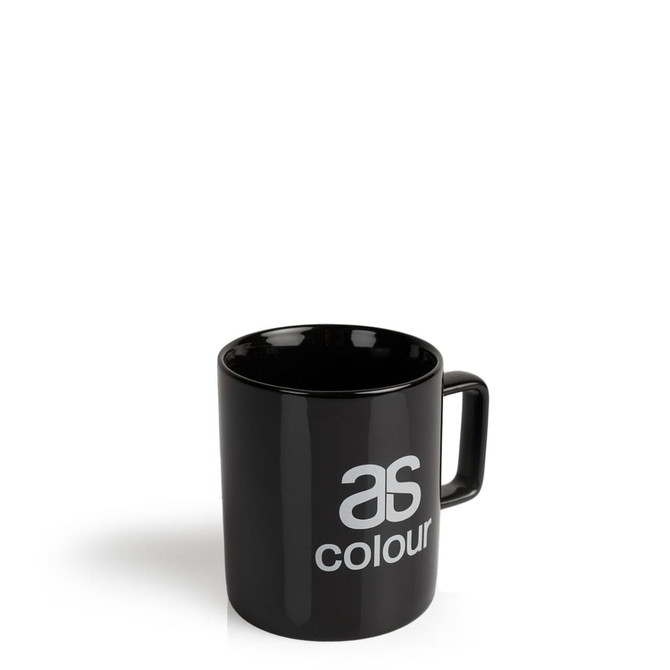 A black coffee mug featuring a handle and a logo on the side.