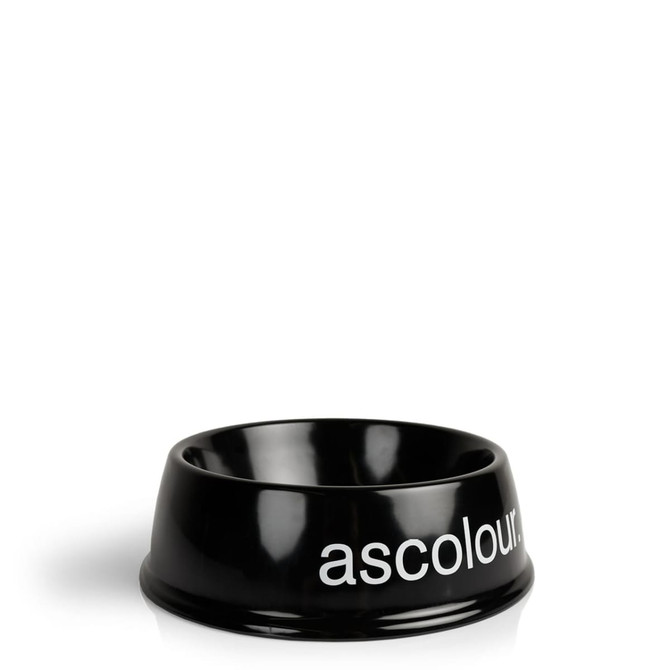 A black pet bowl featuring a logo, ideal for pets. It has a smooth, glossy finish and a rounded design.