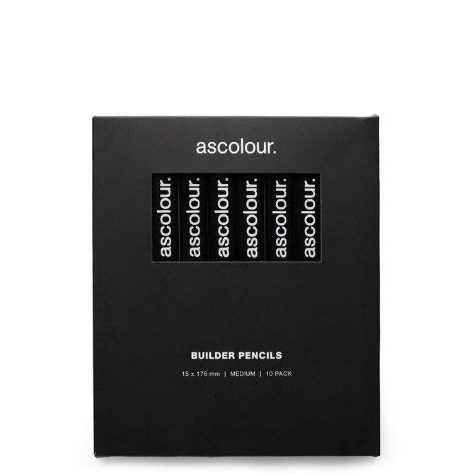 A black packaging containing a 10 pack of grey lead builder pencils, featuring branding on the front.