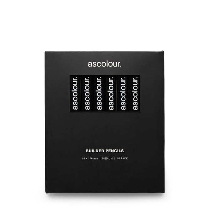A black packaging featuring a 10 pack of medium grey-lead builder pencils. The packaging includes a logo.