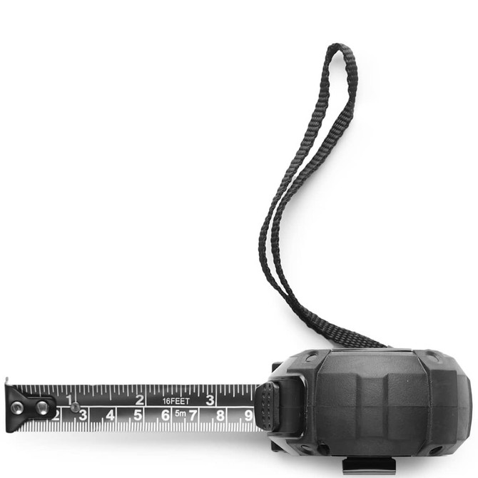 A black ASC tape measure with a strap, displaying measurement markings up to 16 feet.