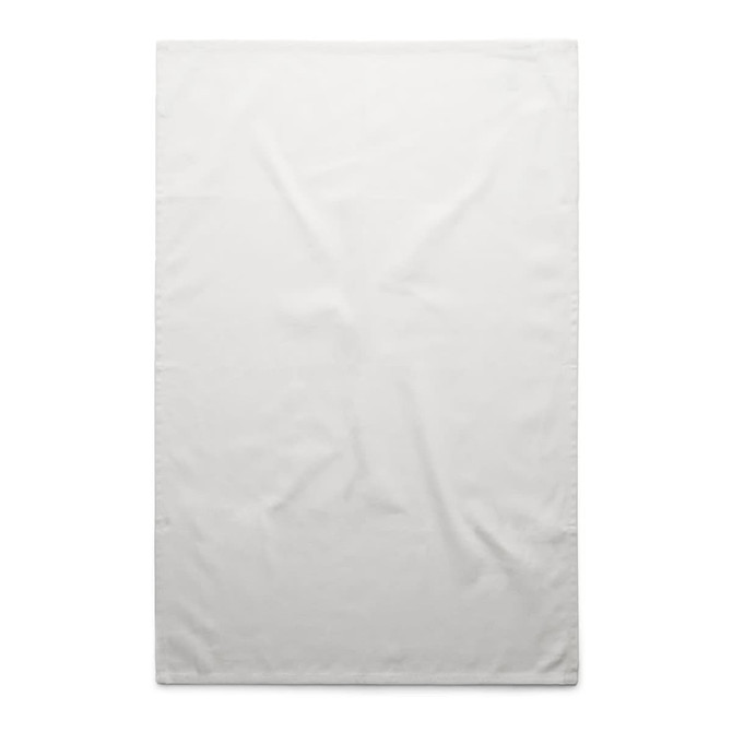 A plain white tea towel with a smooth texture and subtle sheen, featuring a branding logo.
