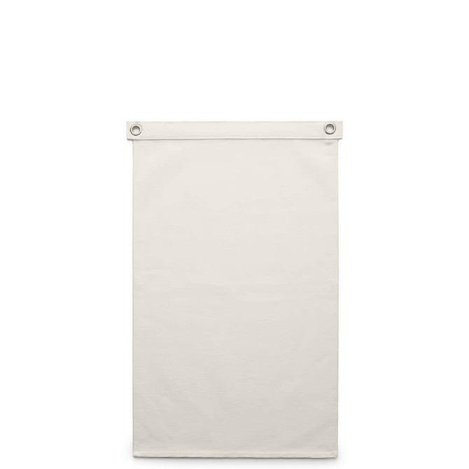 A blank cream canvas flag with metal eyelets at the top for hanging or display.