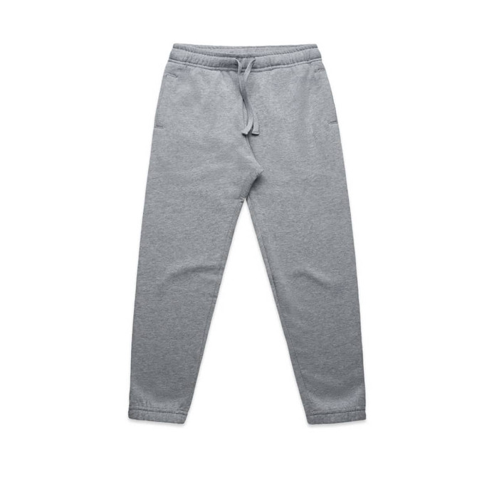 Grey track pants featuring an elastic waistband and side pockets. The item includes a logo detail.