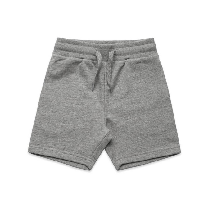 Grey sports shorts featuring an elastic waistband and drawstring. Suitable for kids, with a simple design.