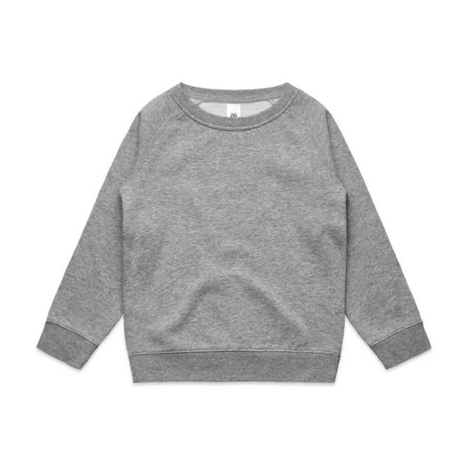 A grey crew jumper with long sleeves and a ribbed neckline and hem. It features a branding logo.