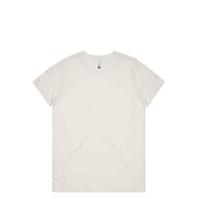 A light cream organic cotton T-shirt with a simple design and a small logo on the collar.