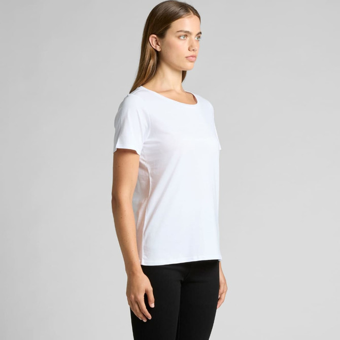 A white t-shirt with a scoop neckline, featuring short sleeves. The model is positioned sideways.
