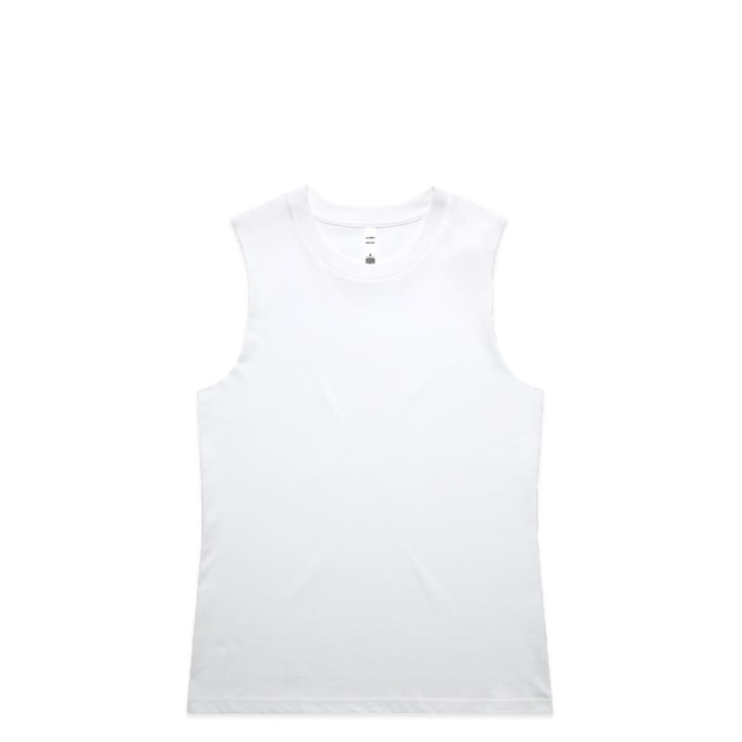 A white singlet tank top with a simple design and no embellishments, featuring a logo on the label.