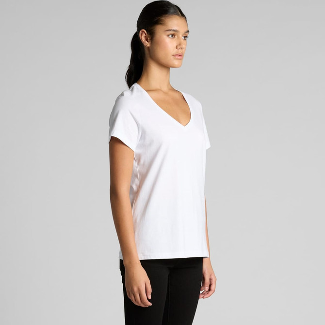 A white V-neck tee displayed on a model, featuring short sleeves and a relaxed fit.