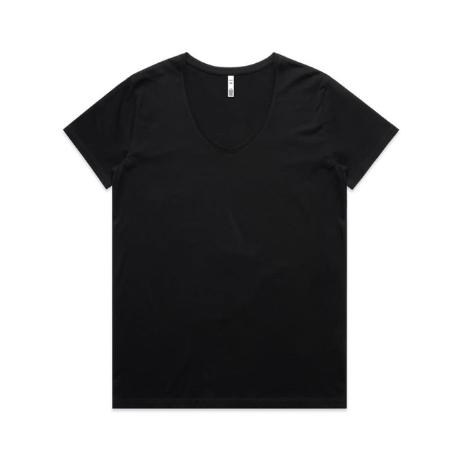 A black V-neck tee featuring short sleeves and a simple design. It has a branding logo on the label.
