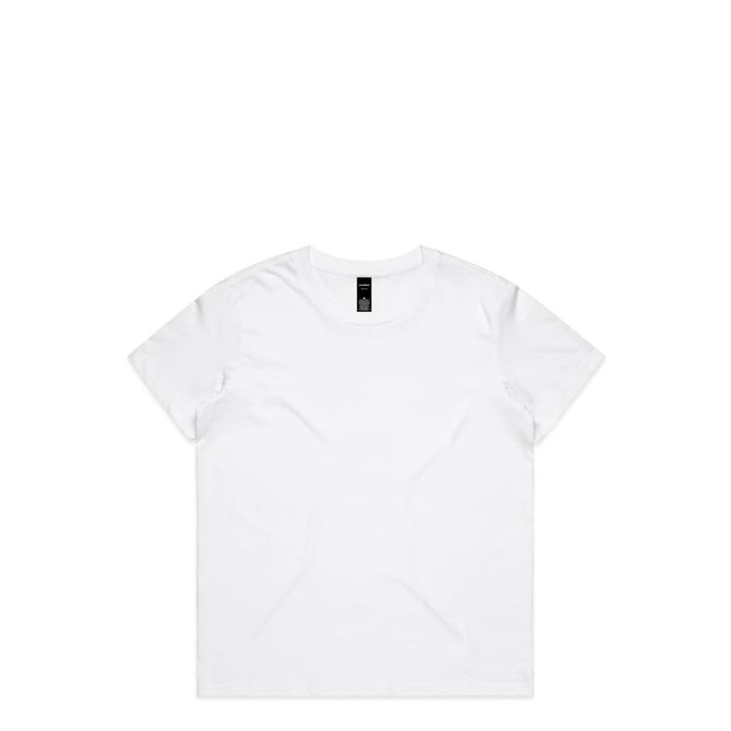 A plain white t-shirt with a round neckline and short sleeves, featuring a logo on the label.