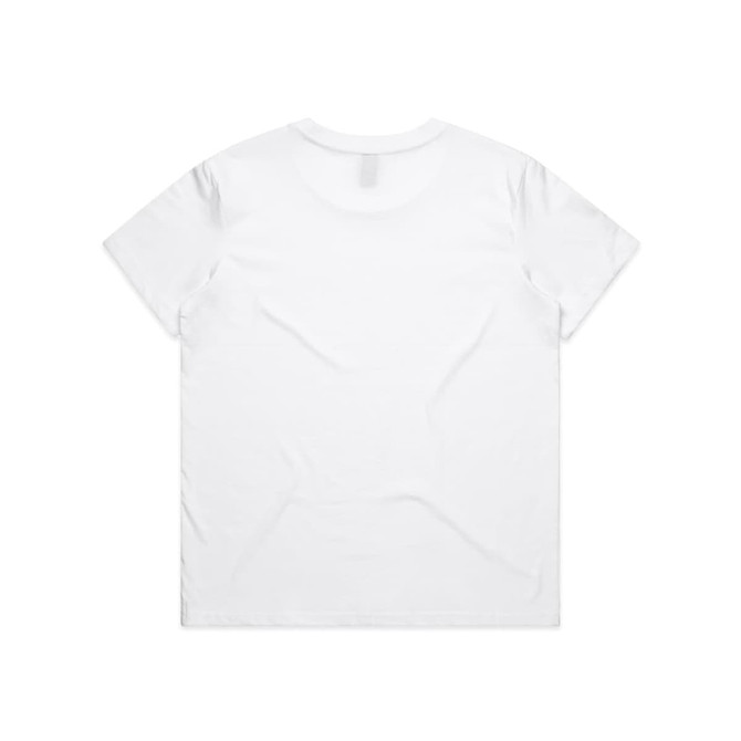A white T-shirt featuring a plain design, with a logo on the back and short sleeves.