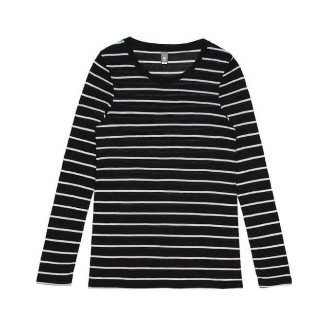 A long-sleeve tee in black and white stripes with a round neckline and a logo.